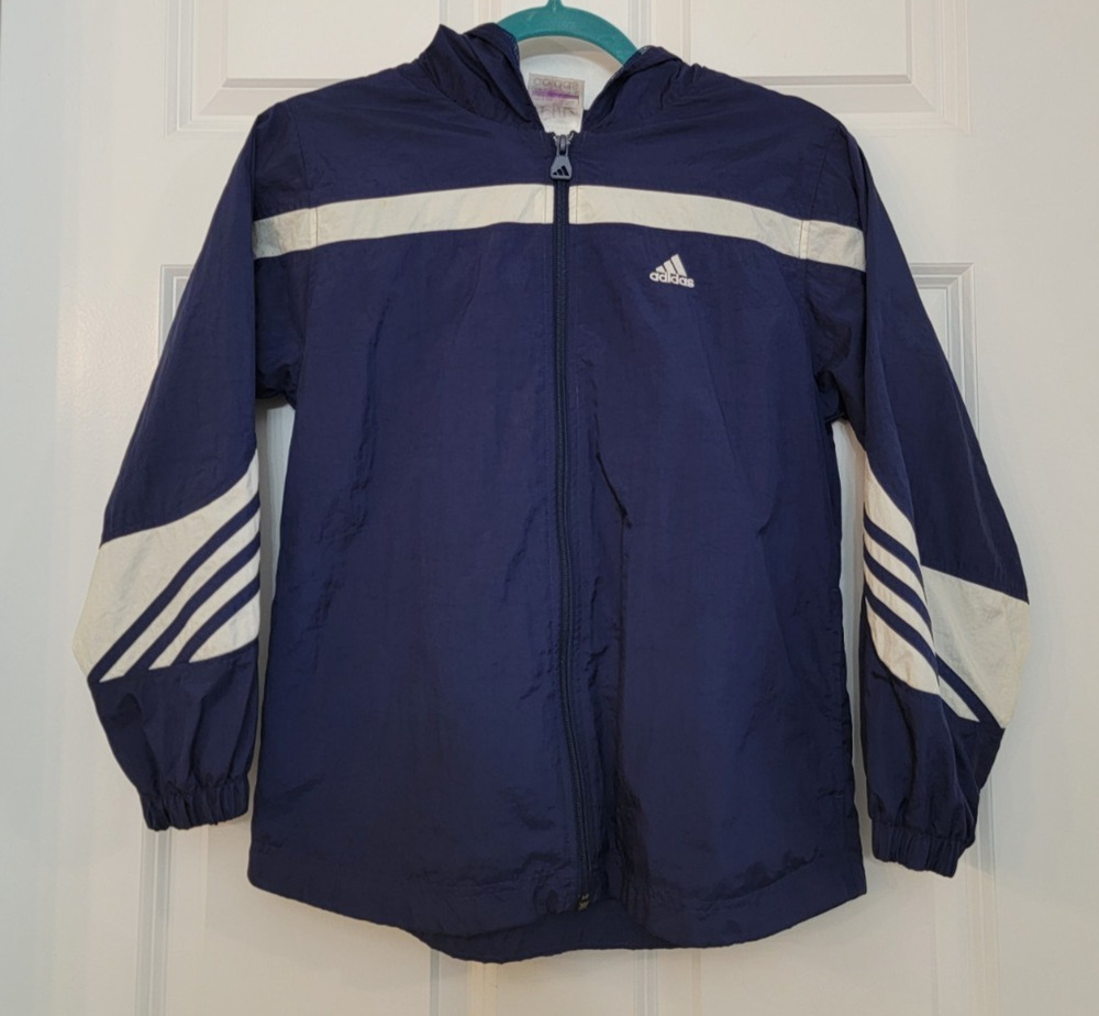 Y2K Adidas Girls Medium 10 12 Hooded Windbreaker Jacket Blue Full Zip Mesh Lined